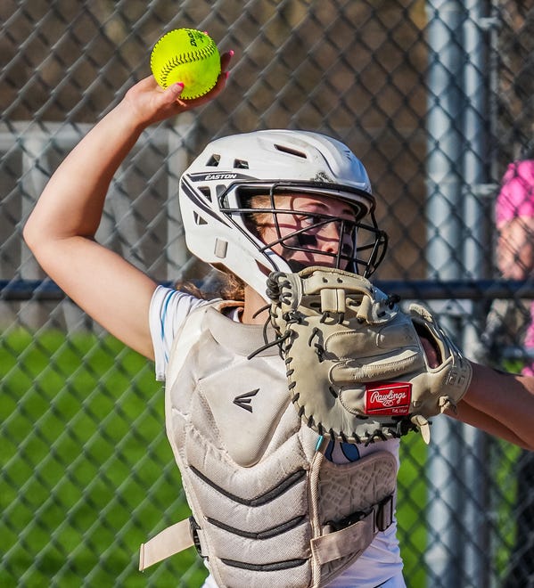 Brookfield Central catcher Ashley Huegerich (4) takes aim on second during the game at home against Menomonee Falls, Monday, April 15, 2024.